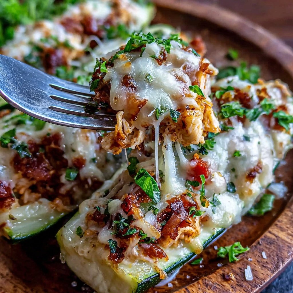 Shredded Chicken Stuffed Zucchini Boats